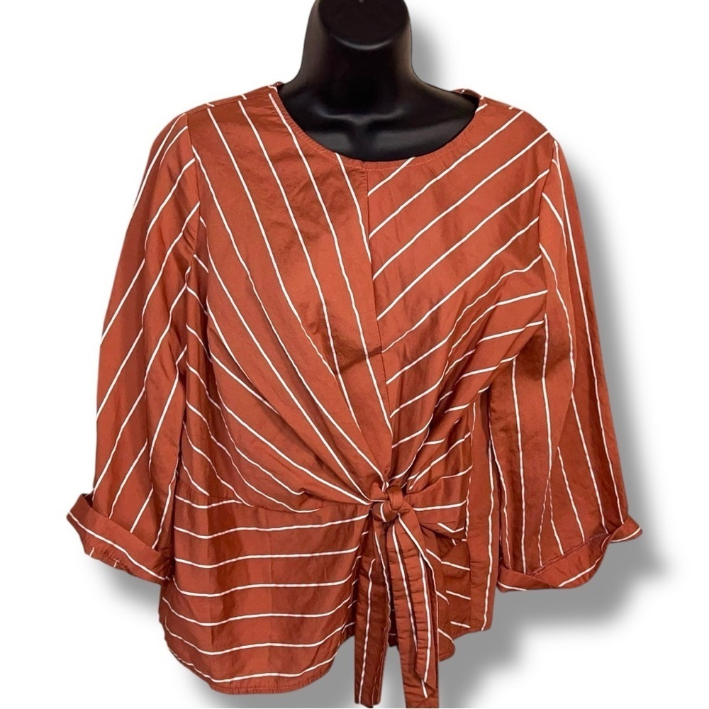 Medium Sweet Claire Salmon Mauve White Striped Top 3/4 Sleeve Textured